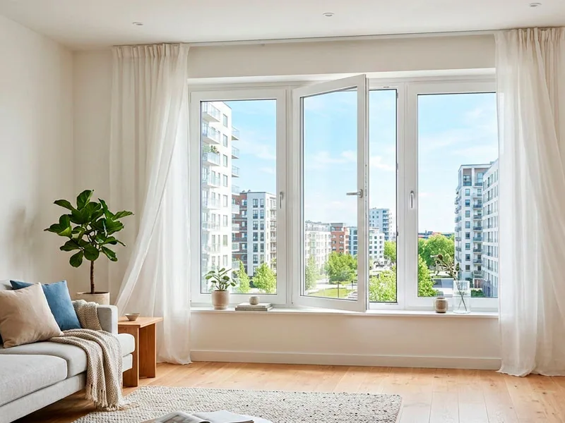 REHAU Grazio — трёхстворчатое окно в гостиной